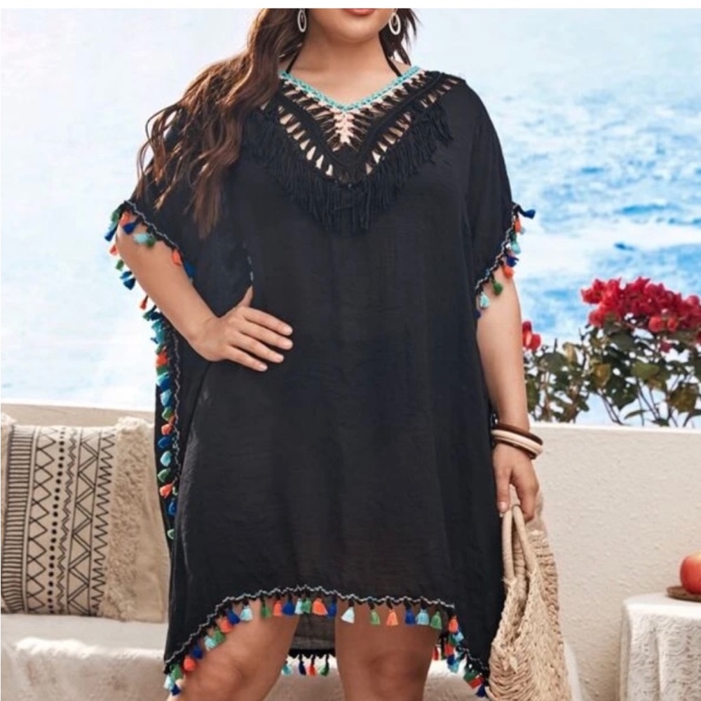 Festival Black Crochet Boho Chic Tunic Tassel Fringe Swim Coverup Plus Size 1X